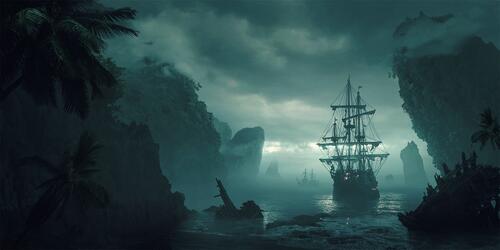 The silhouette of a pirate ship on an eerie seashore