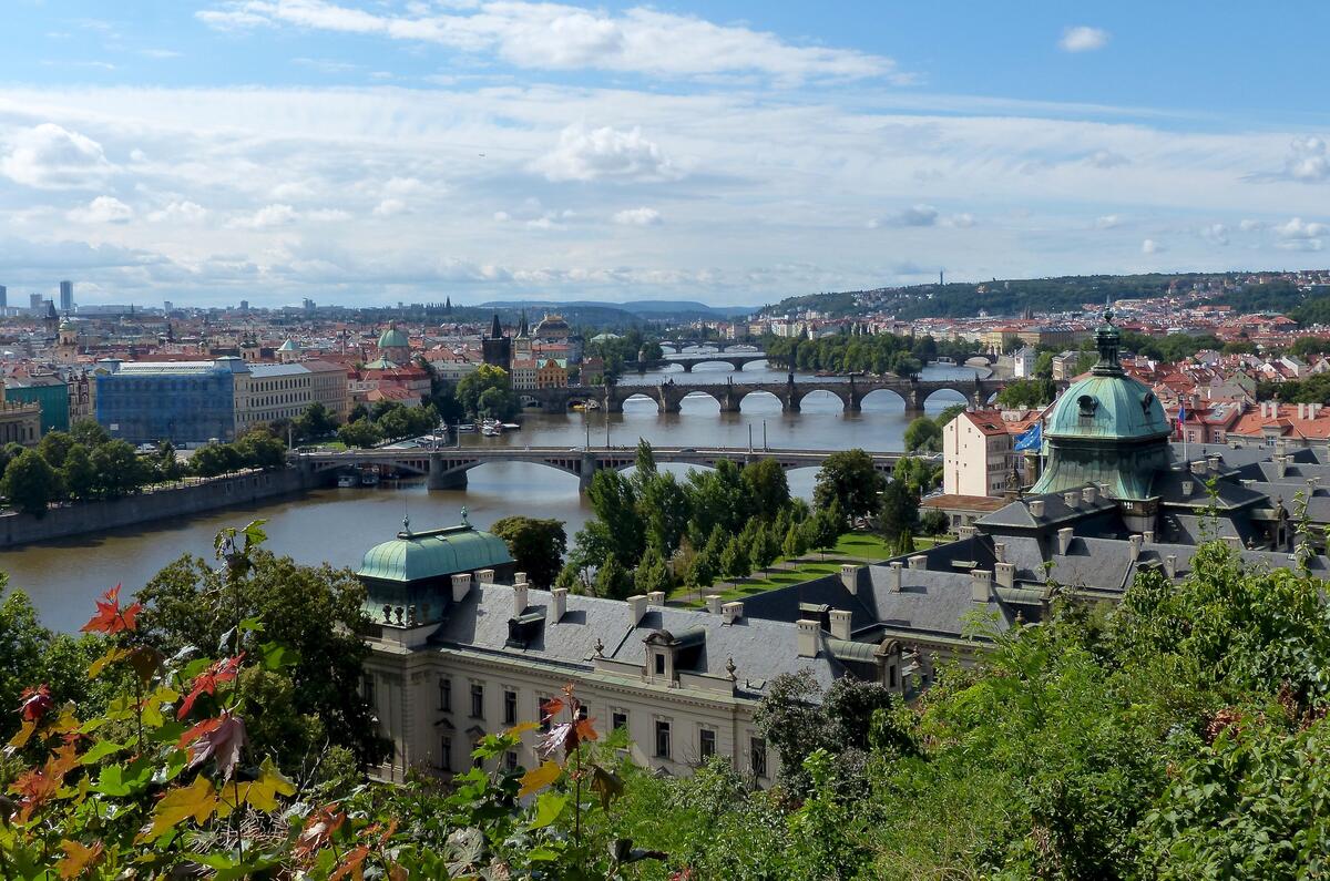 View of bridges over the river in Prague from a height