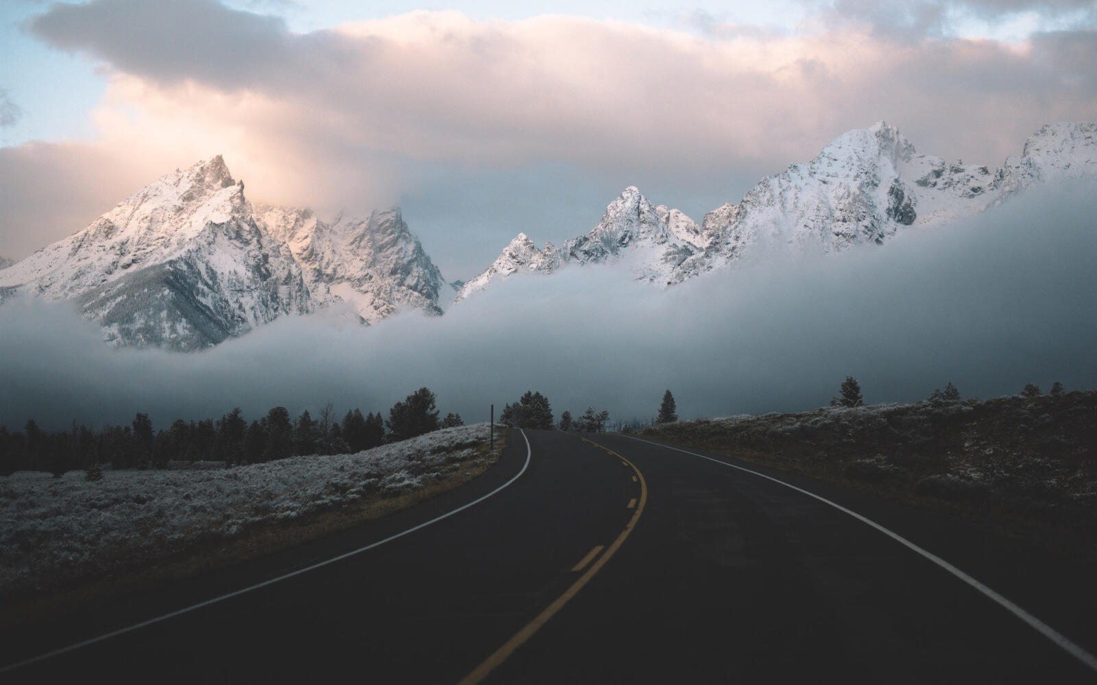 Бесплатное фото Асфальтированная дорога ведет в густой туман