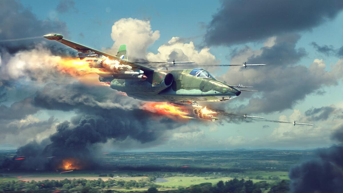 Су-25 в небе стреляет ракетами
