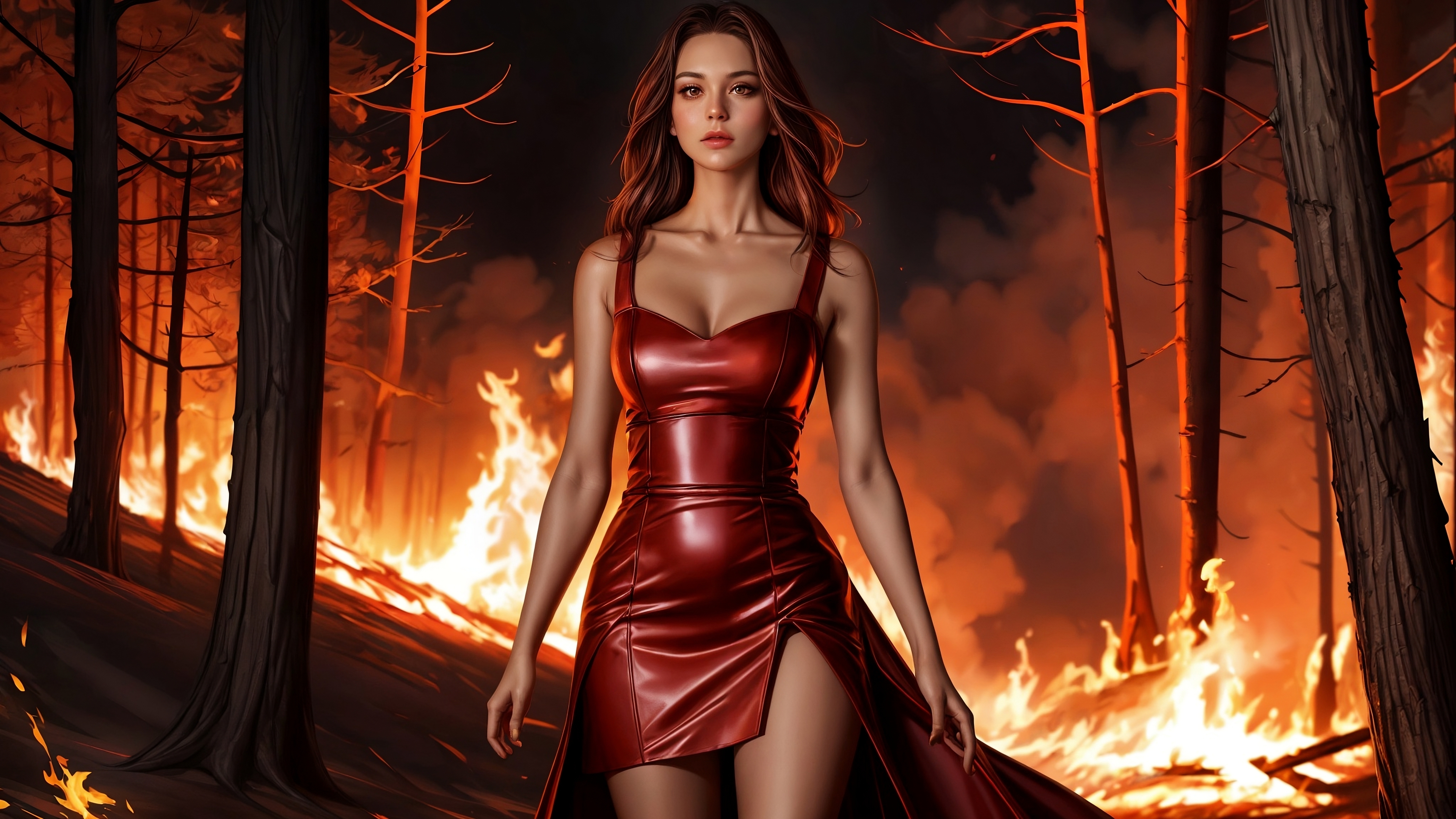 Девушка в горящем ночном лесу