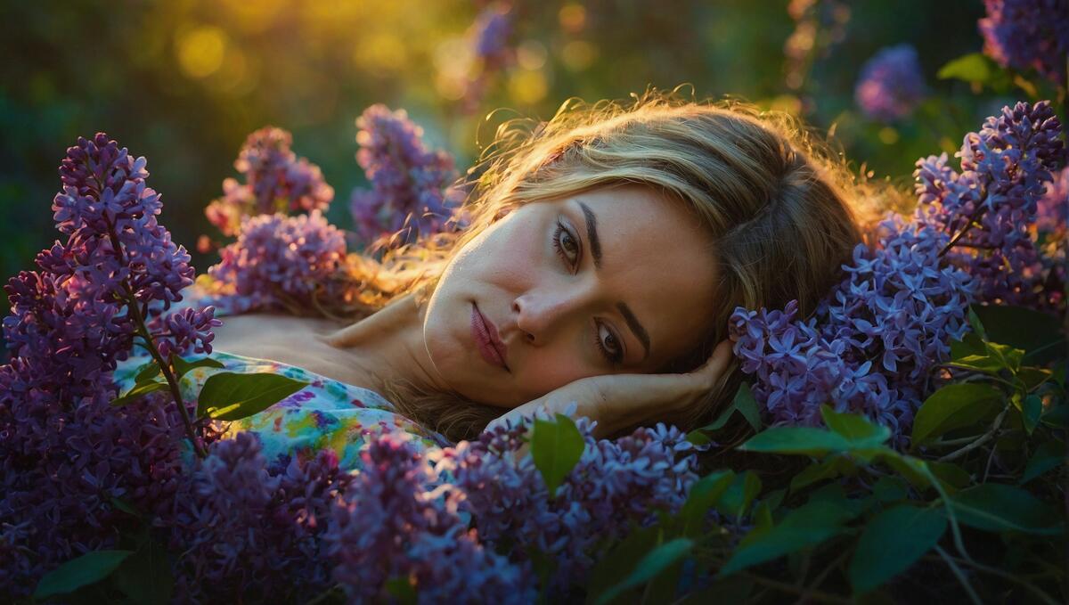 A woman relaxes with purple flowers all around her