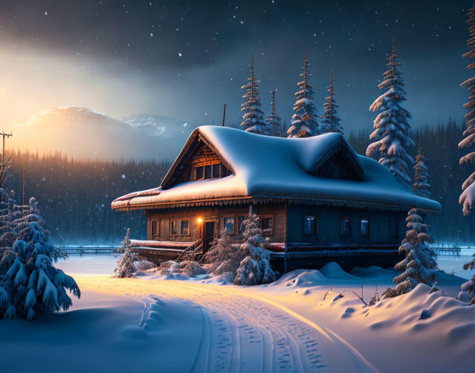 Бесплатное фото Мультяшная картинки с зимним домом в вечернее время
