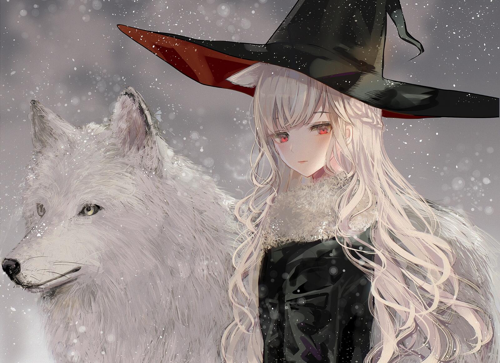 Обои обои аниме девушка-ведьма снег белый волк на рабочий стол