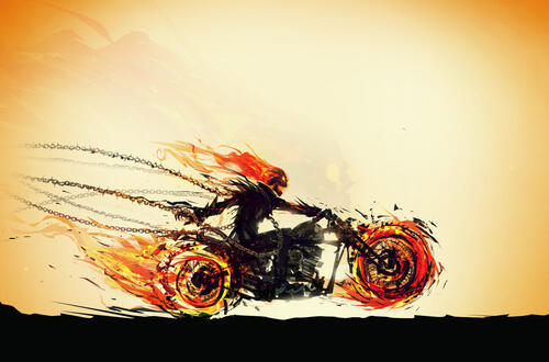 Rendering drawing of a ghost rider on a motorcycle