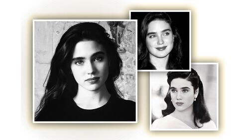 A collage of black and white portraits of Jennifer Connelly in her younger years
