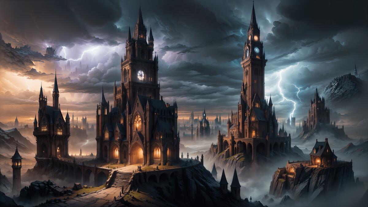 Сказочный мрачный дворец с башнями