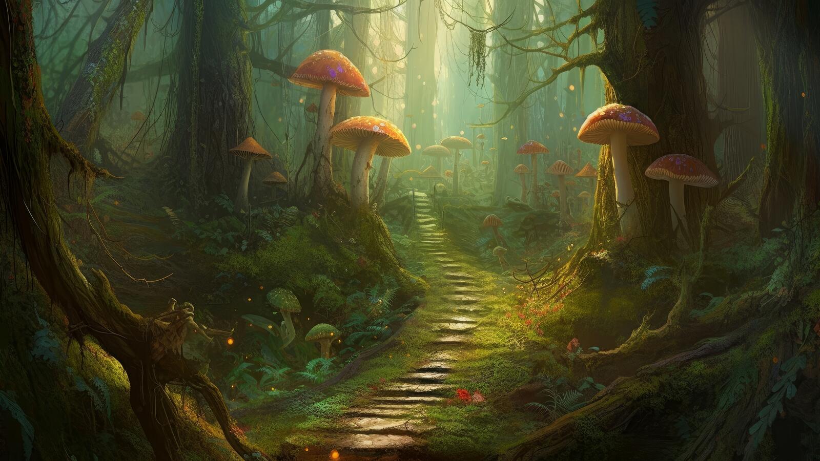 Free photo A fantasy forest trail with big mushrooms