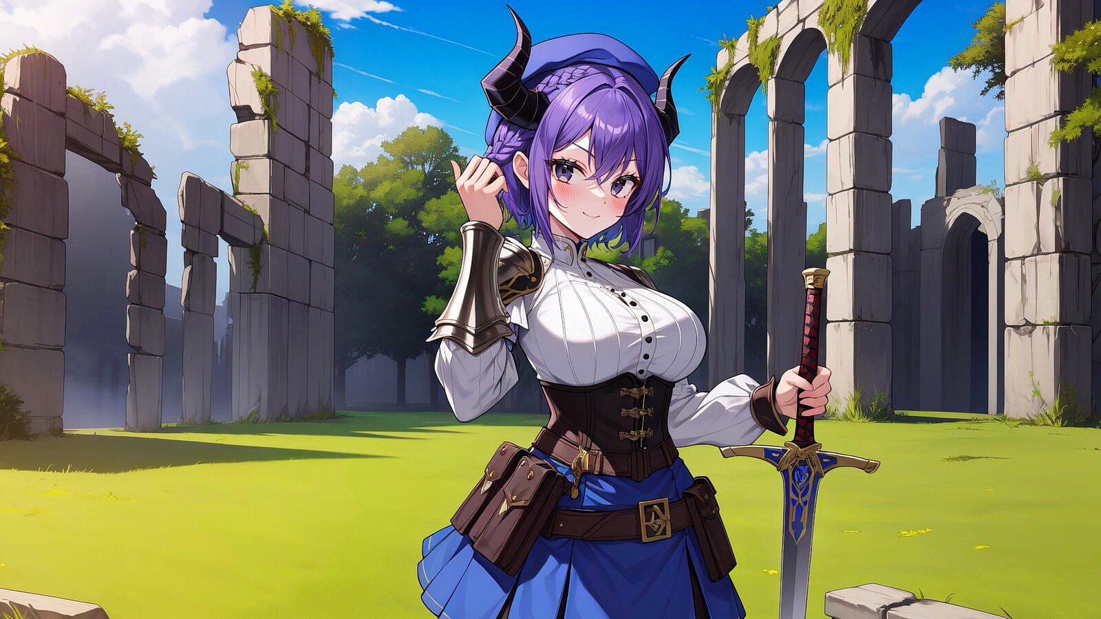 Free photo Anime girl with a sword against a background of stone ruins