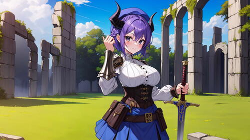Anime girl with a sword against a background of stone ruins