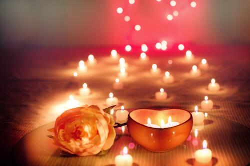 Lighted candles for valentine`s day.