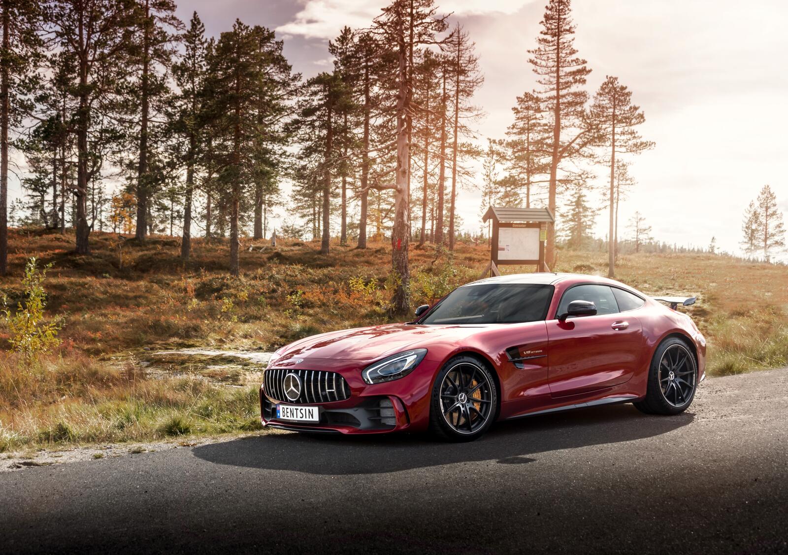 Free photo Mercedes AMG GTR in red standing on the side of the road