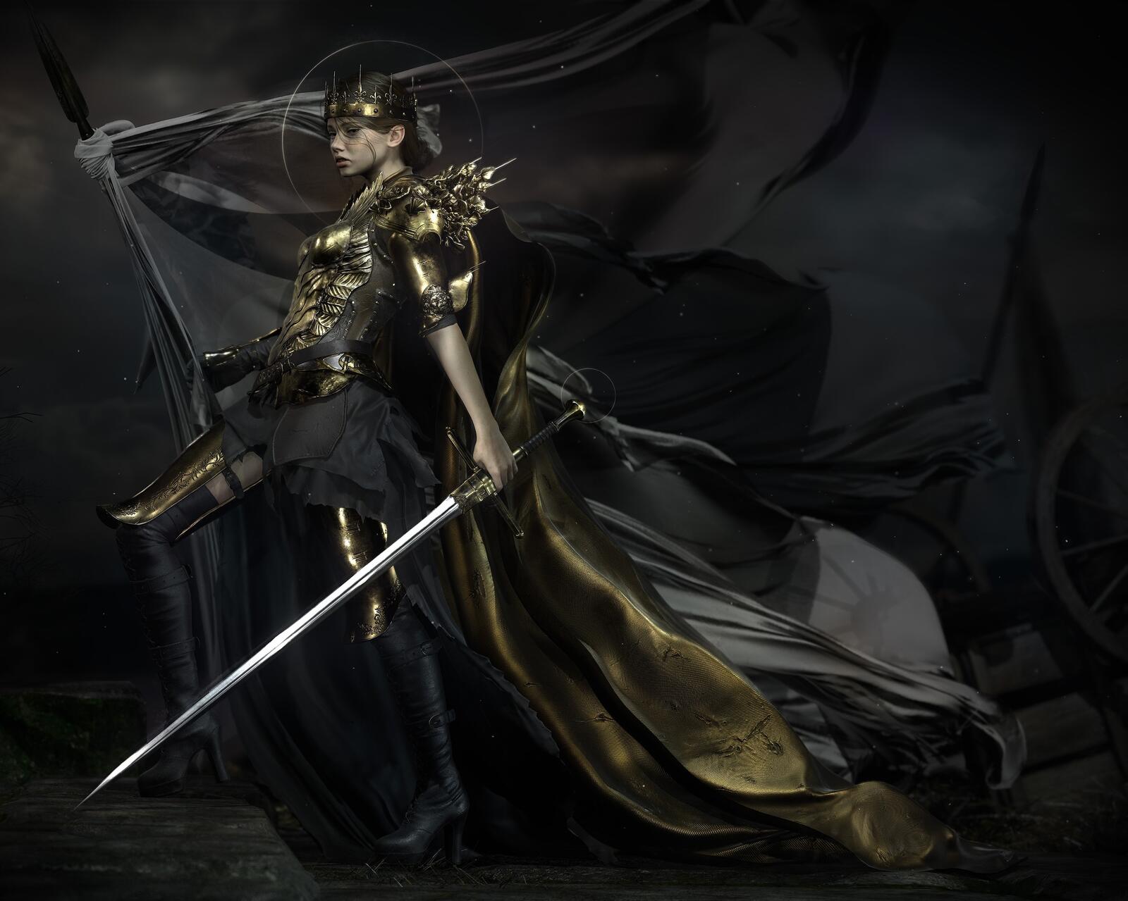 Бесплатное фото Девушка в длинном черном платье с мечем