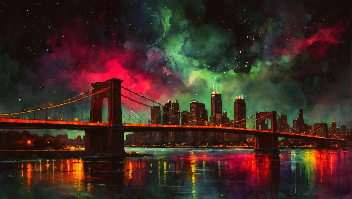 Cityscape with large multi-colored lights and a bridge