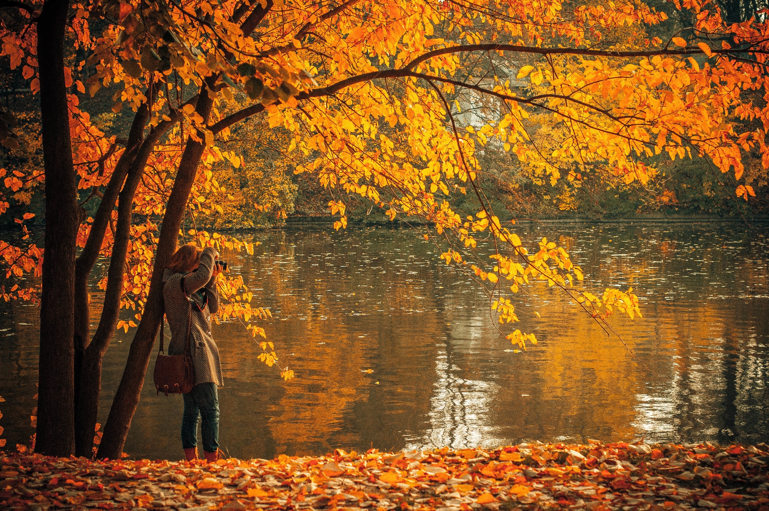 Autumn pond with the photographer