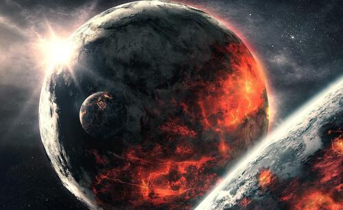 An apocalyptic planet in space.