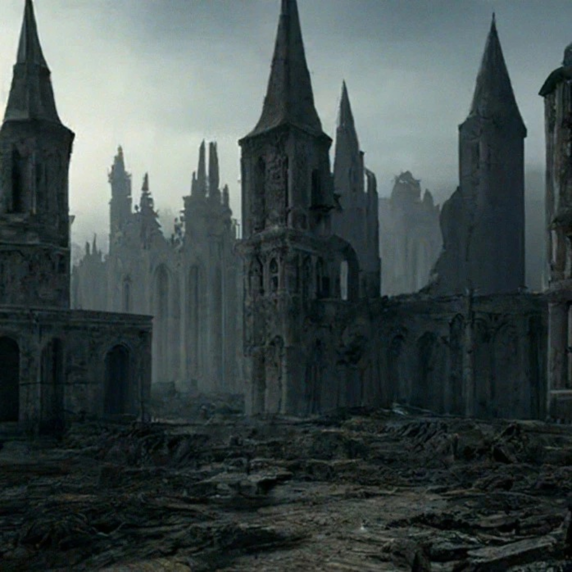 Free photo A gloomy gothic city in ruins