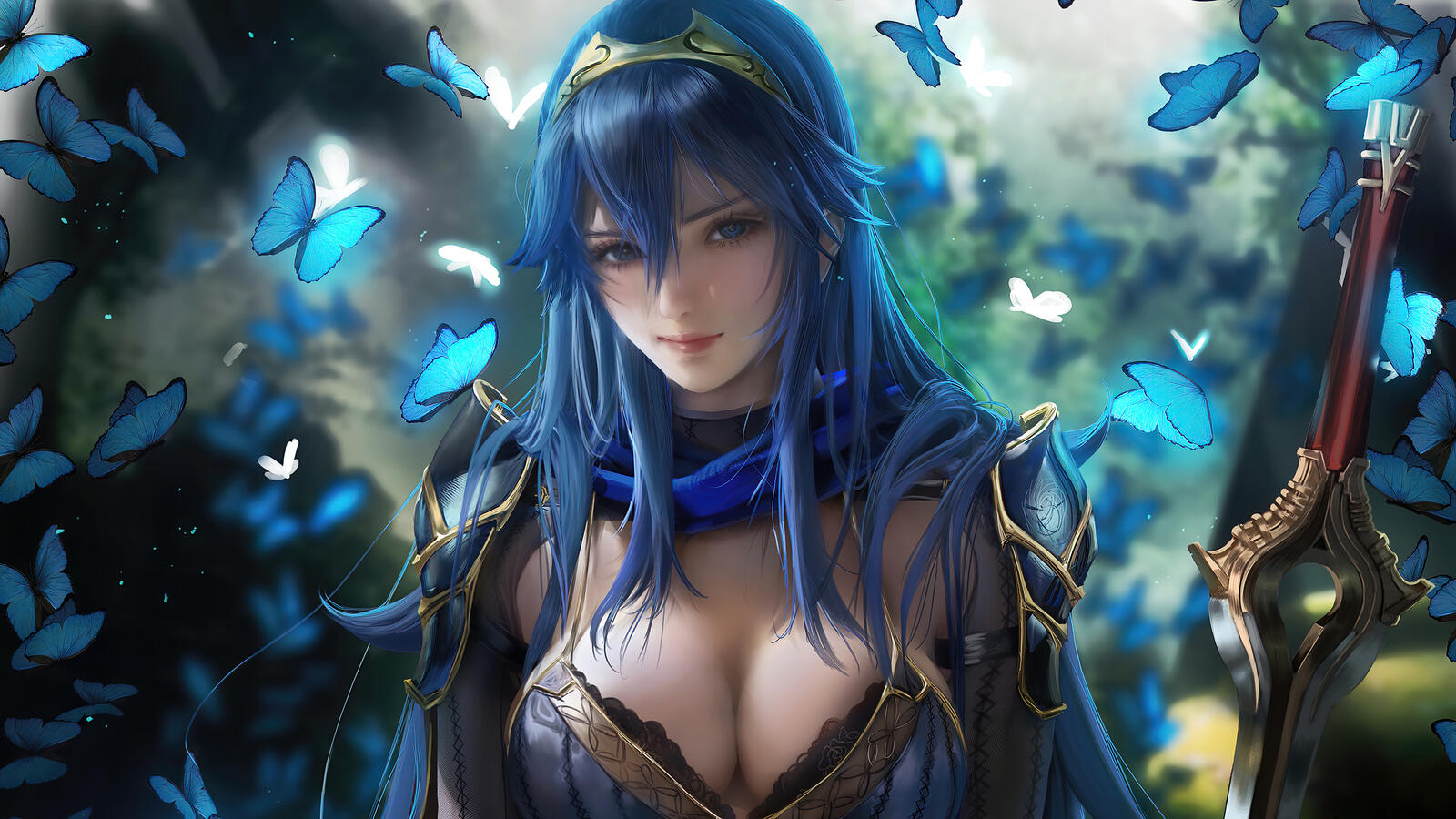 Free photo The blue-haired beauty and butterflies