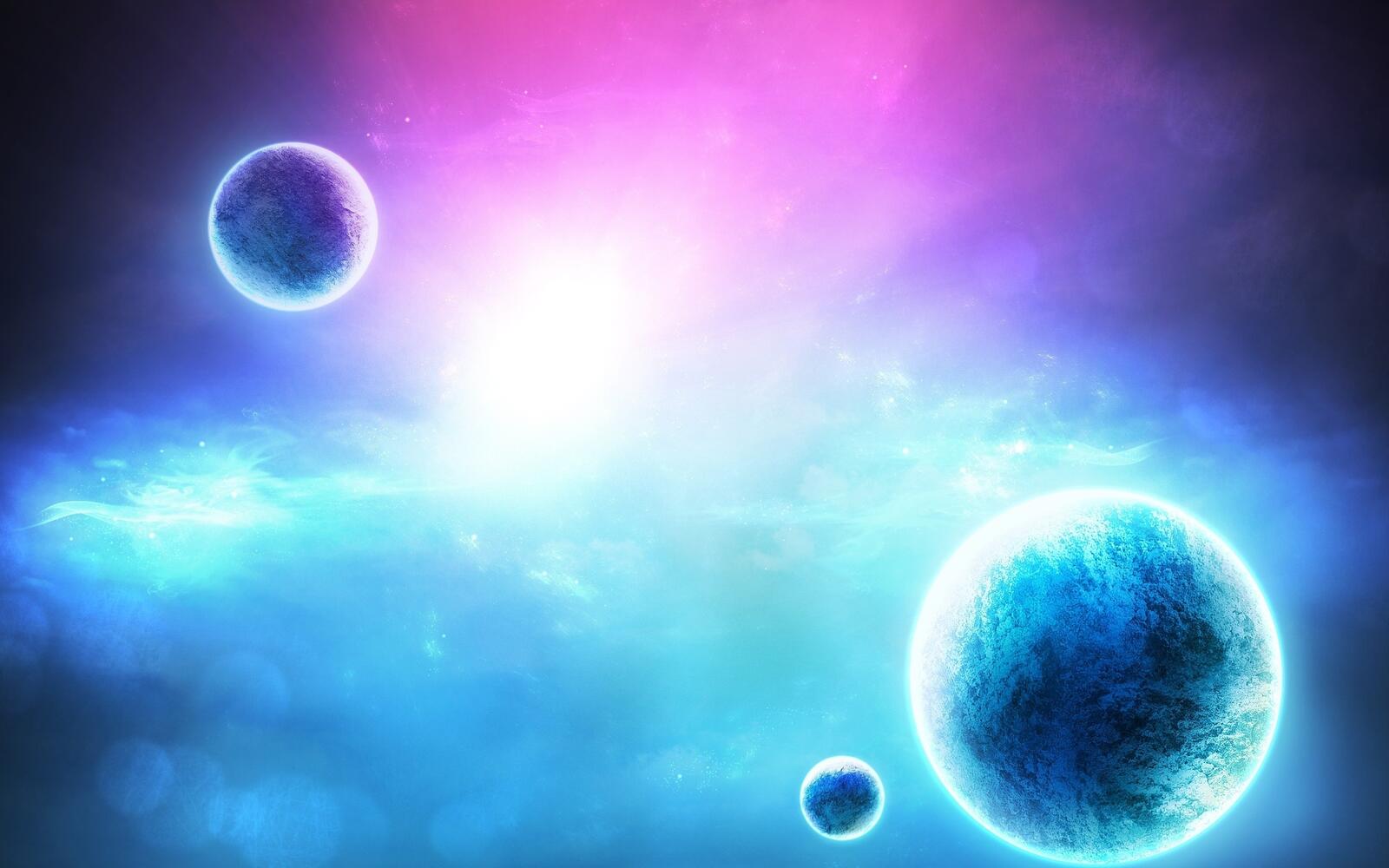 Бесплатное фото Фантастическая Планетарная система из трёх планет и солнца