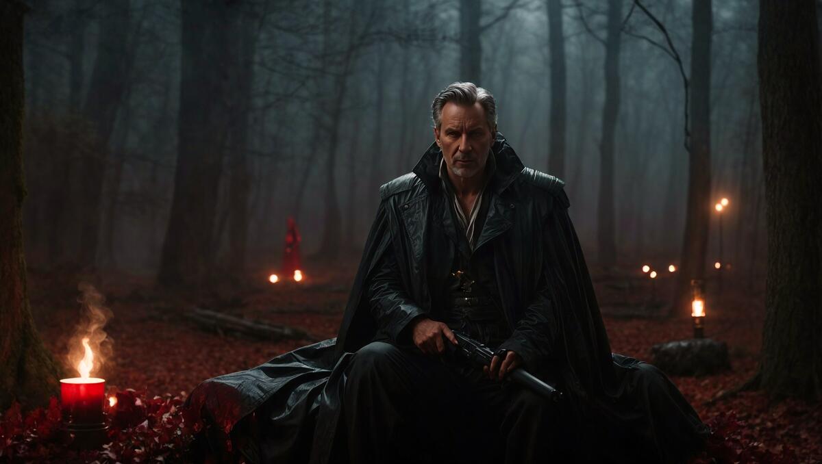A man in a black cloak sits on a bench in the woods.