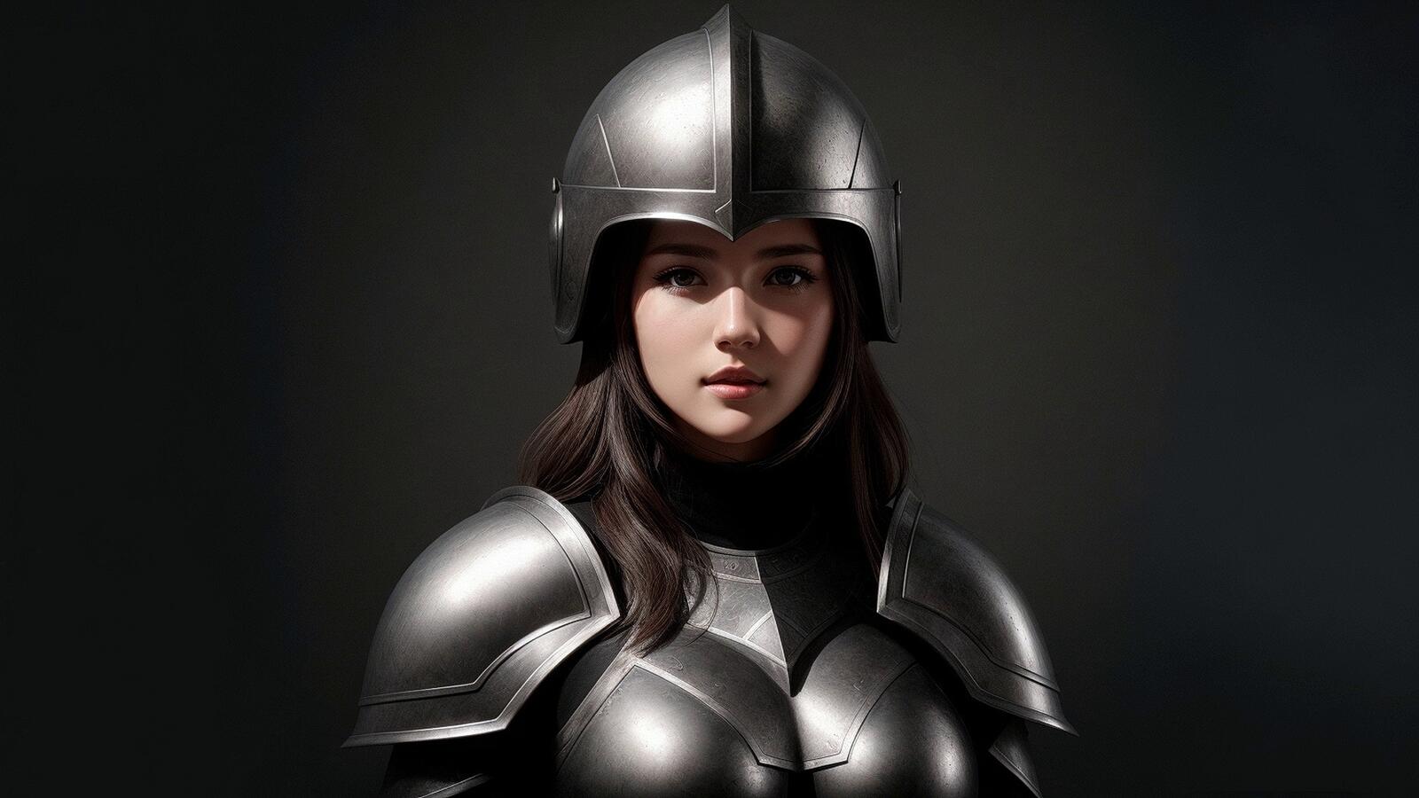 Бесплатное фото Девушка в рыцарских доспехах на темном фоне