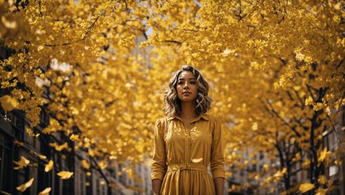 A girl in a yellow dress is standing under a tree full of yellow leaves