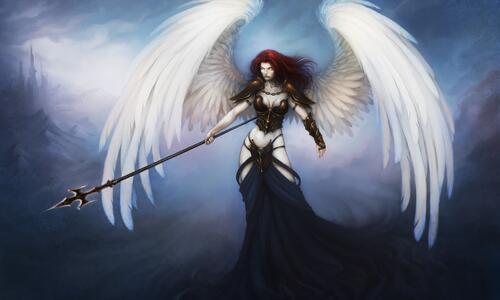 An angel with white wings and a spear.