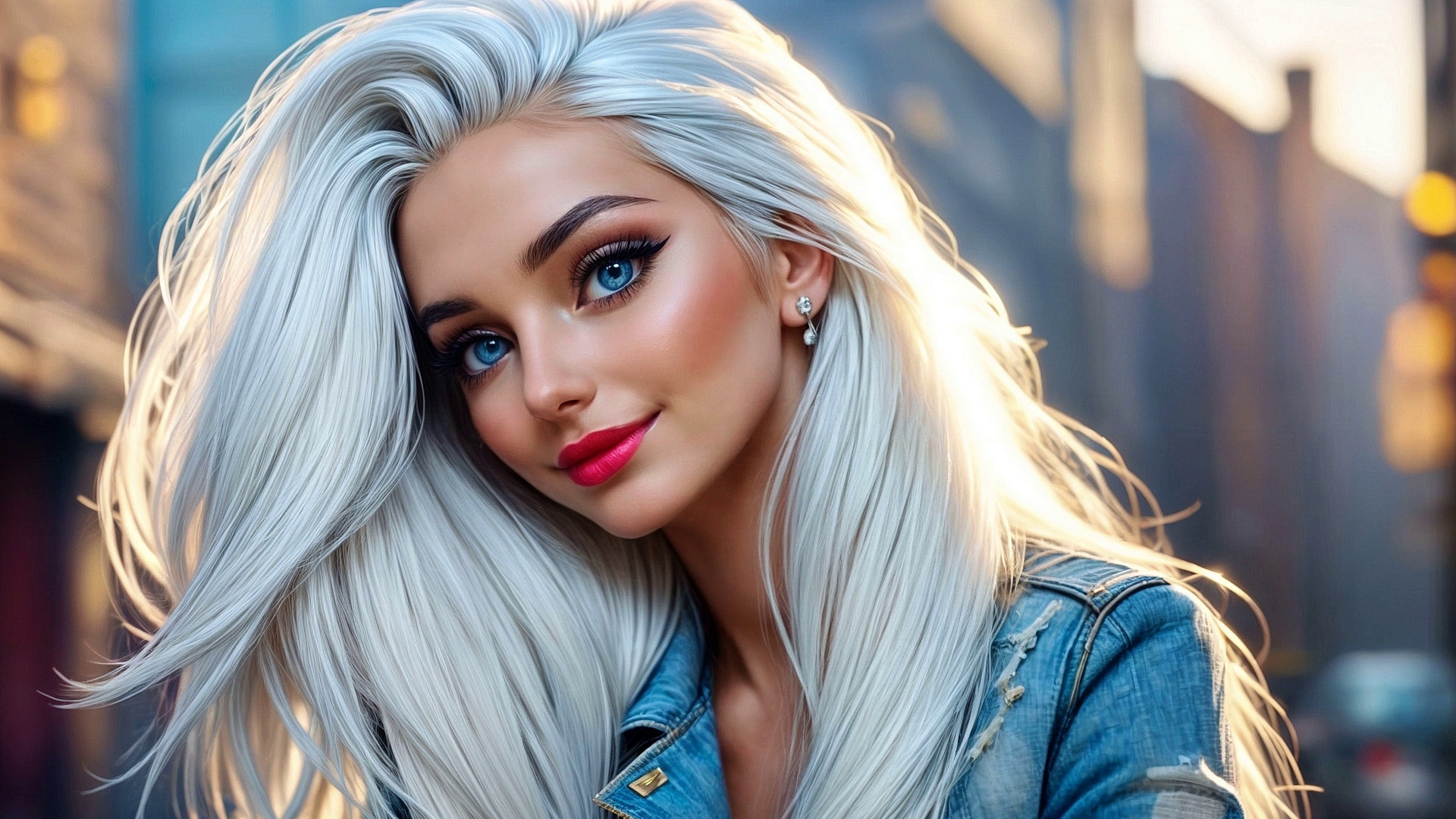 Free photo Portrait of a white-haired girl in a denim jacket on the background of the city