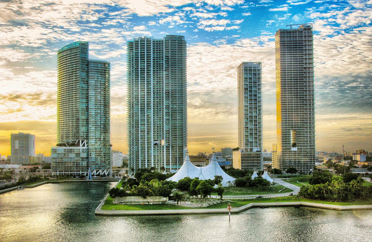 Miami high-rises on the beach in the evening
