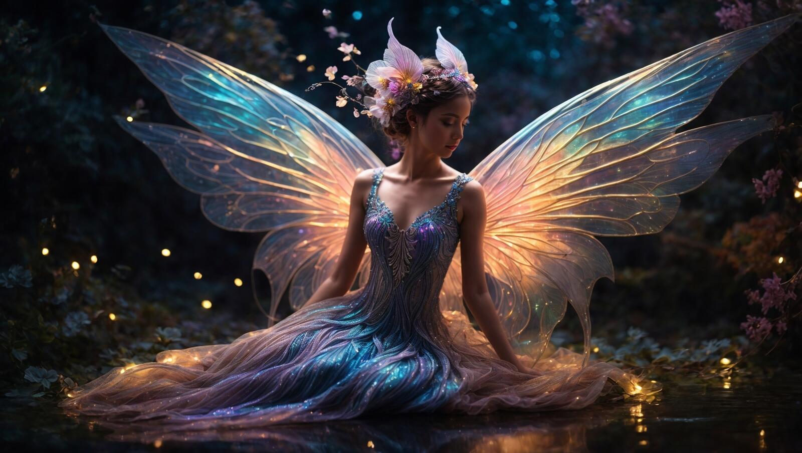 Free photo A beautiful fairy sits on the ground in the water