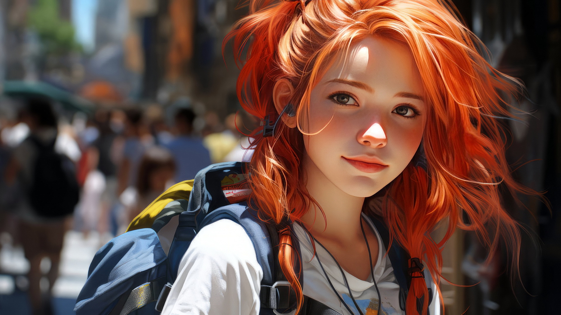 A red-haired girl with a backpack on a city street