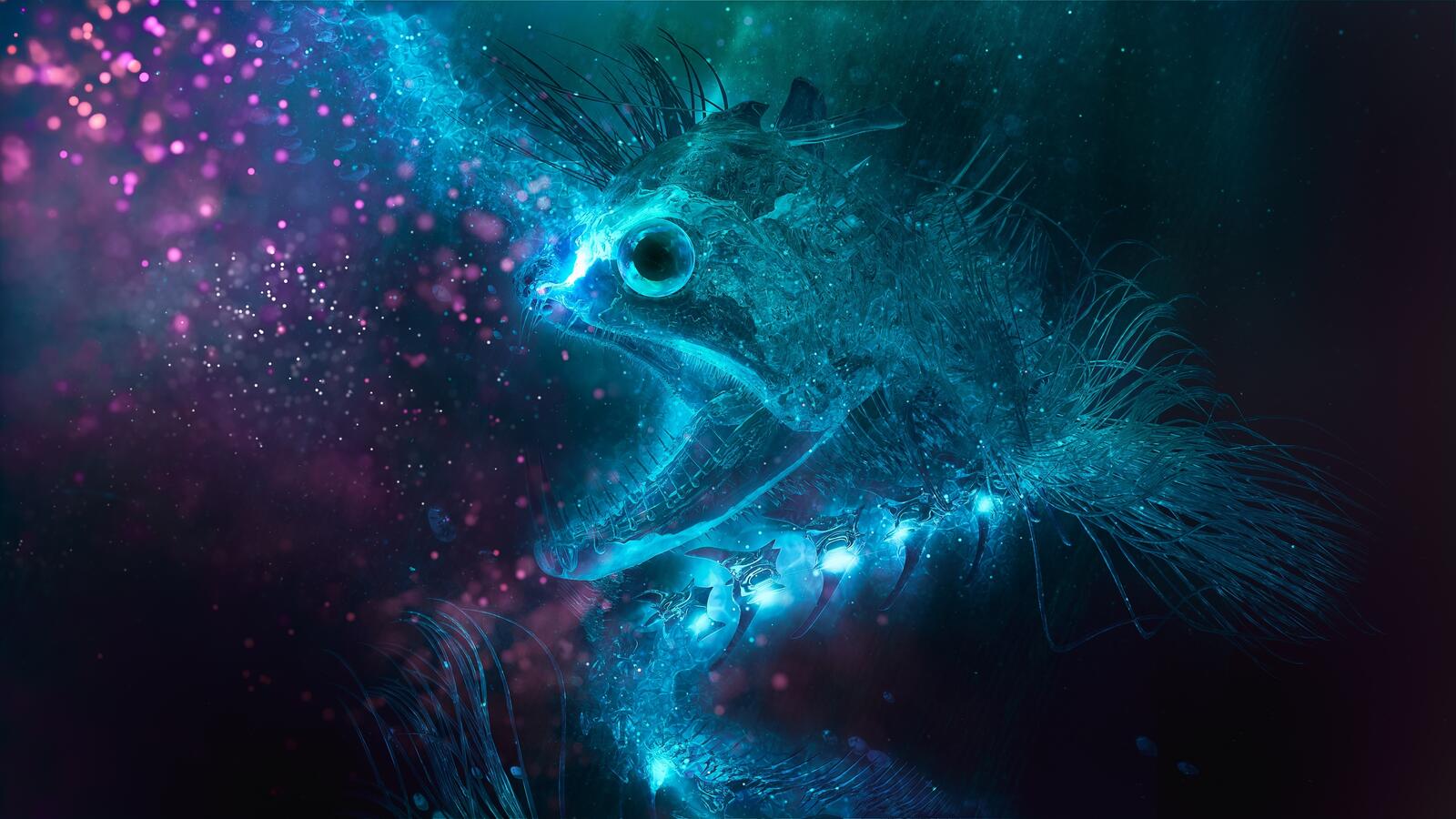 Обои цифровое искусство рыба неоновые на рабочий стол