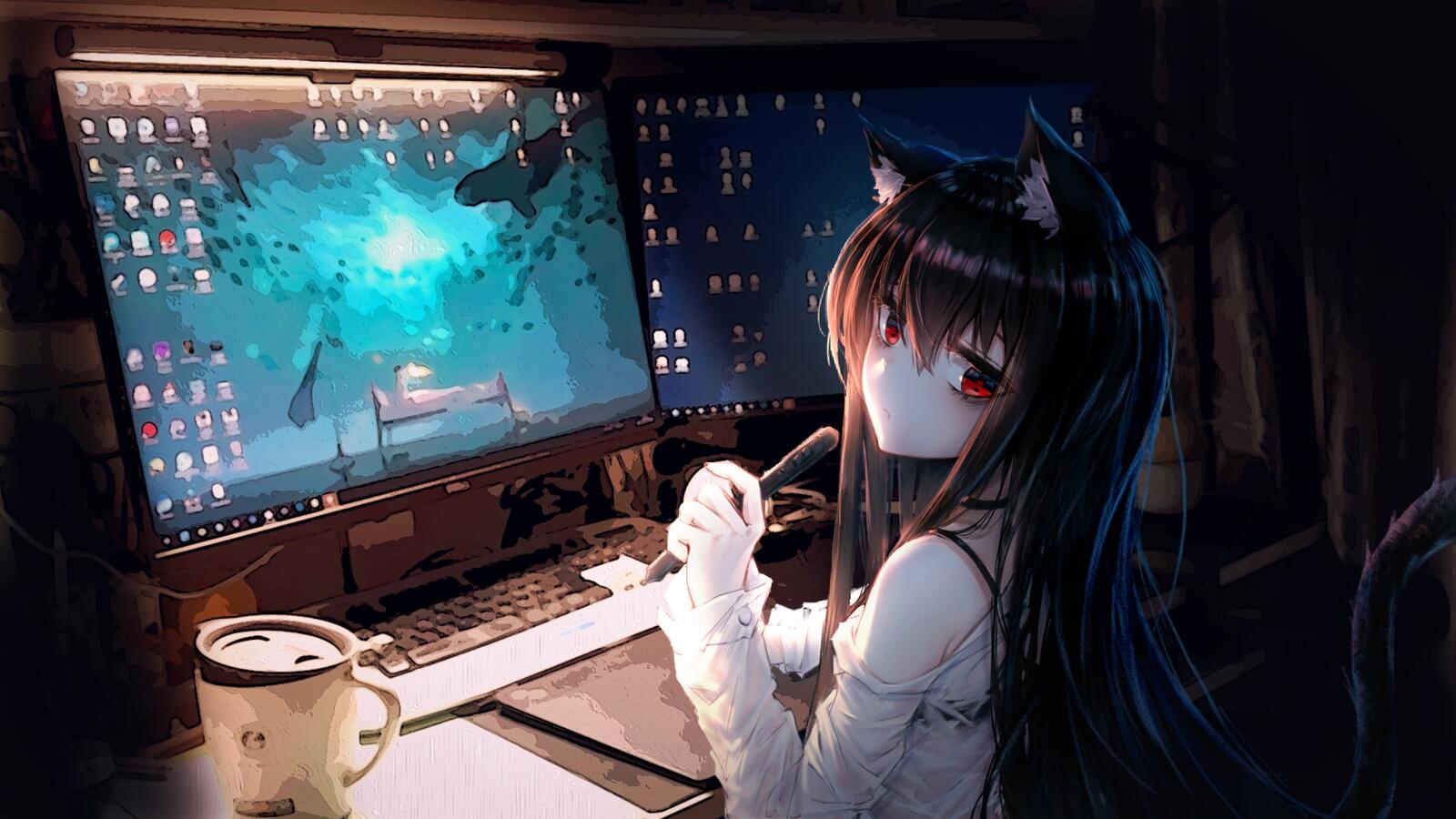Обои обои аниме девушка-кошка комната компьютер на рабочий стол