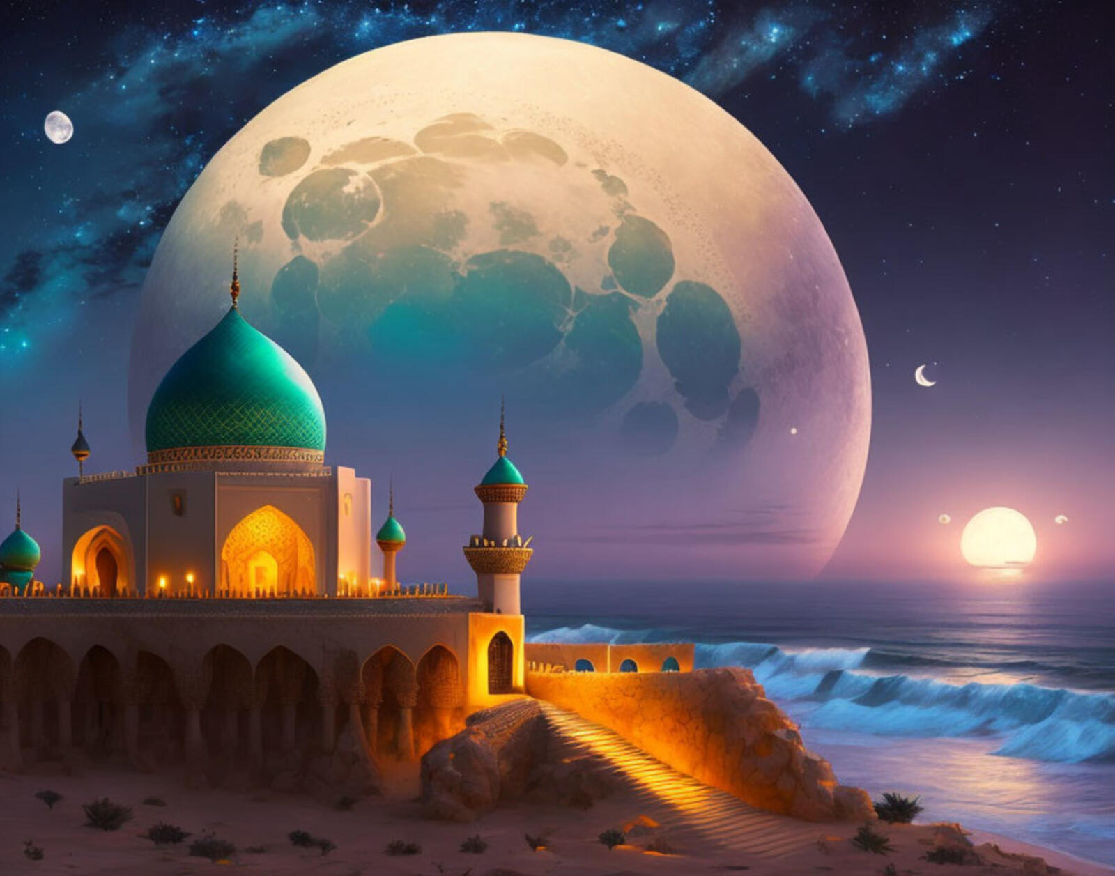 Free photo An Arabian castle against the backdrop of a huge moon