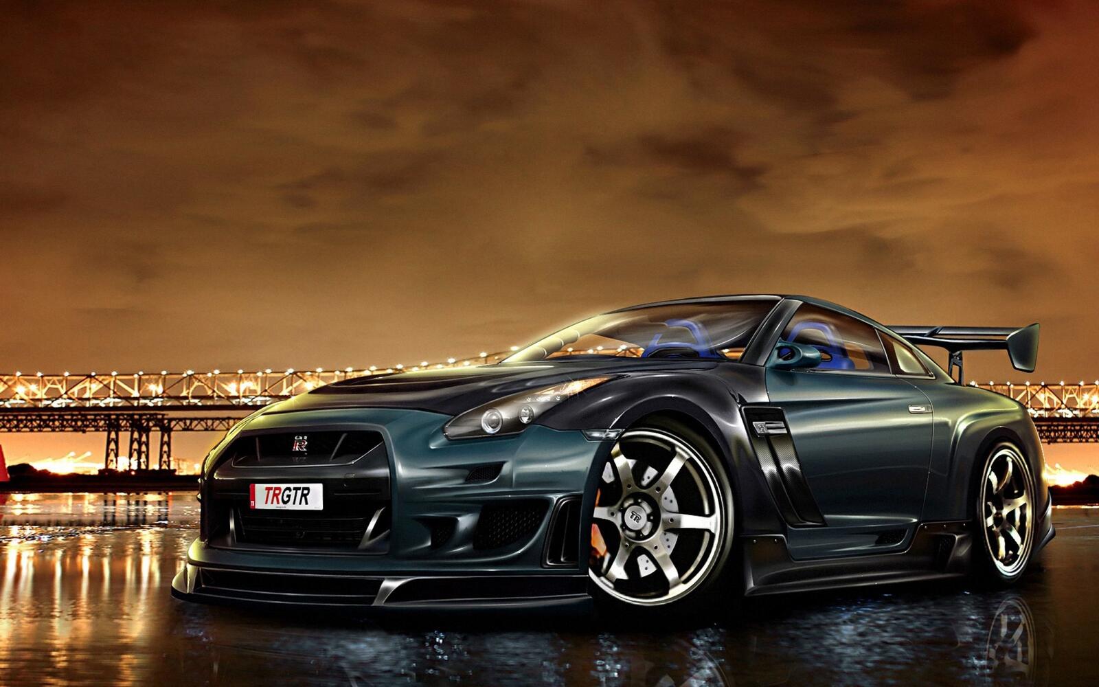 Free photo Nissan gtr against the backdrop of the evening city