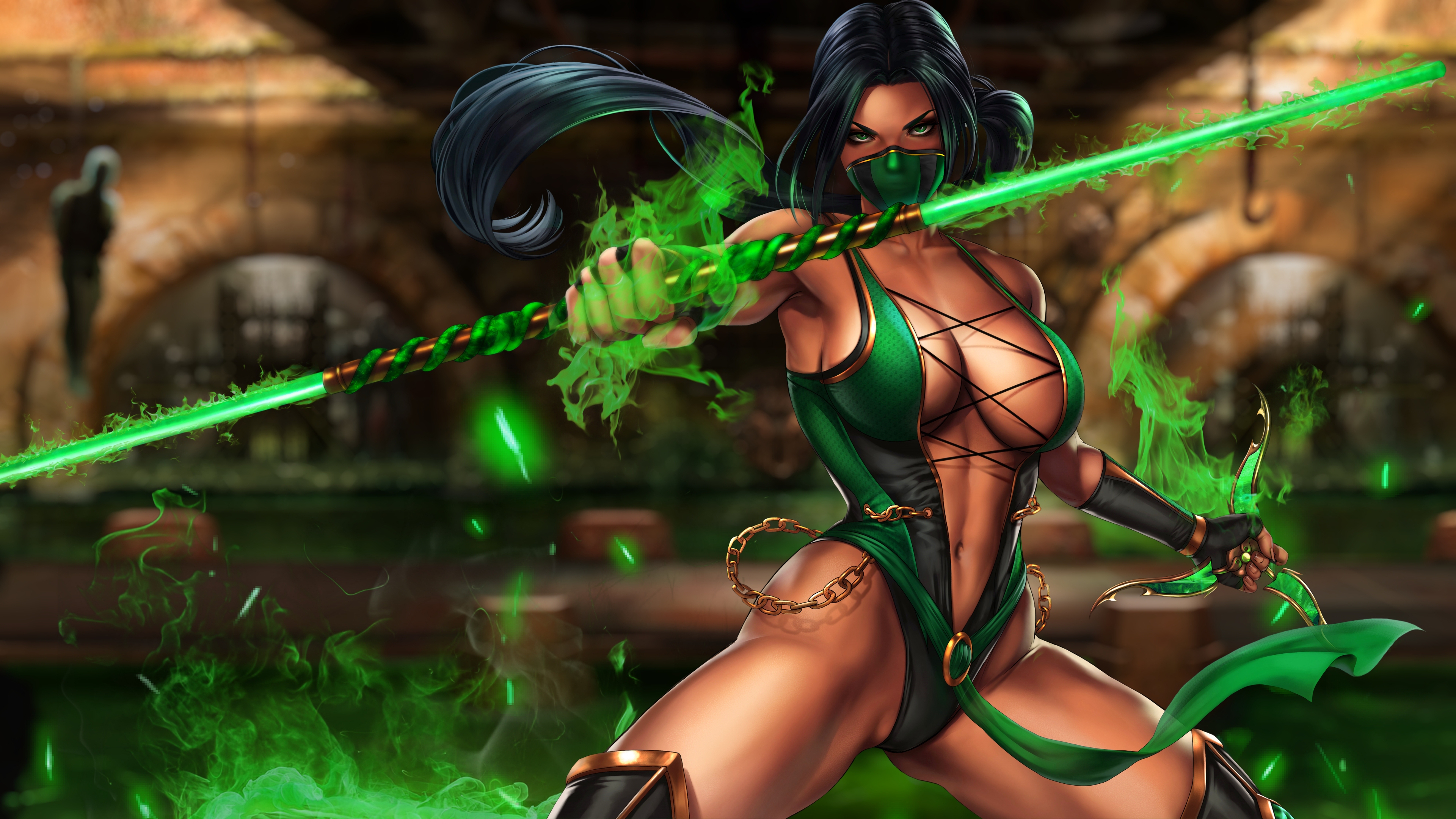 Green sword in the hands of a fantasy girl