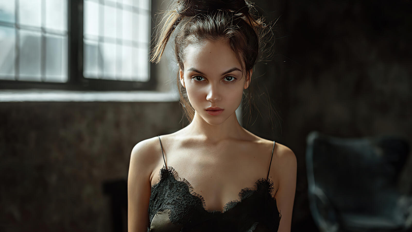 Бесплатное фото Портрет девушки с карими глазами в черной ночнушке