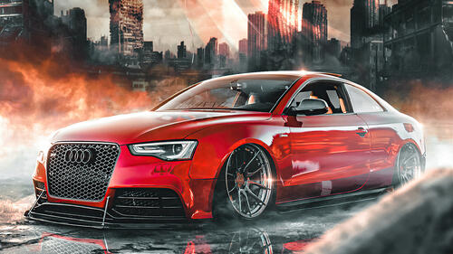 Picture of a tuned Audi Rs5 in red with cool rims