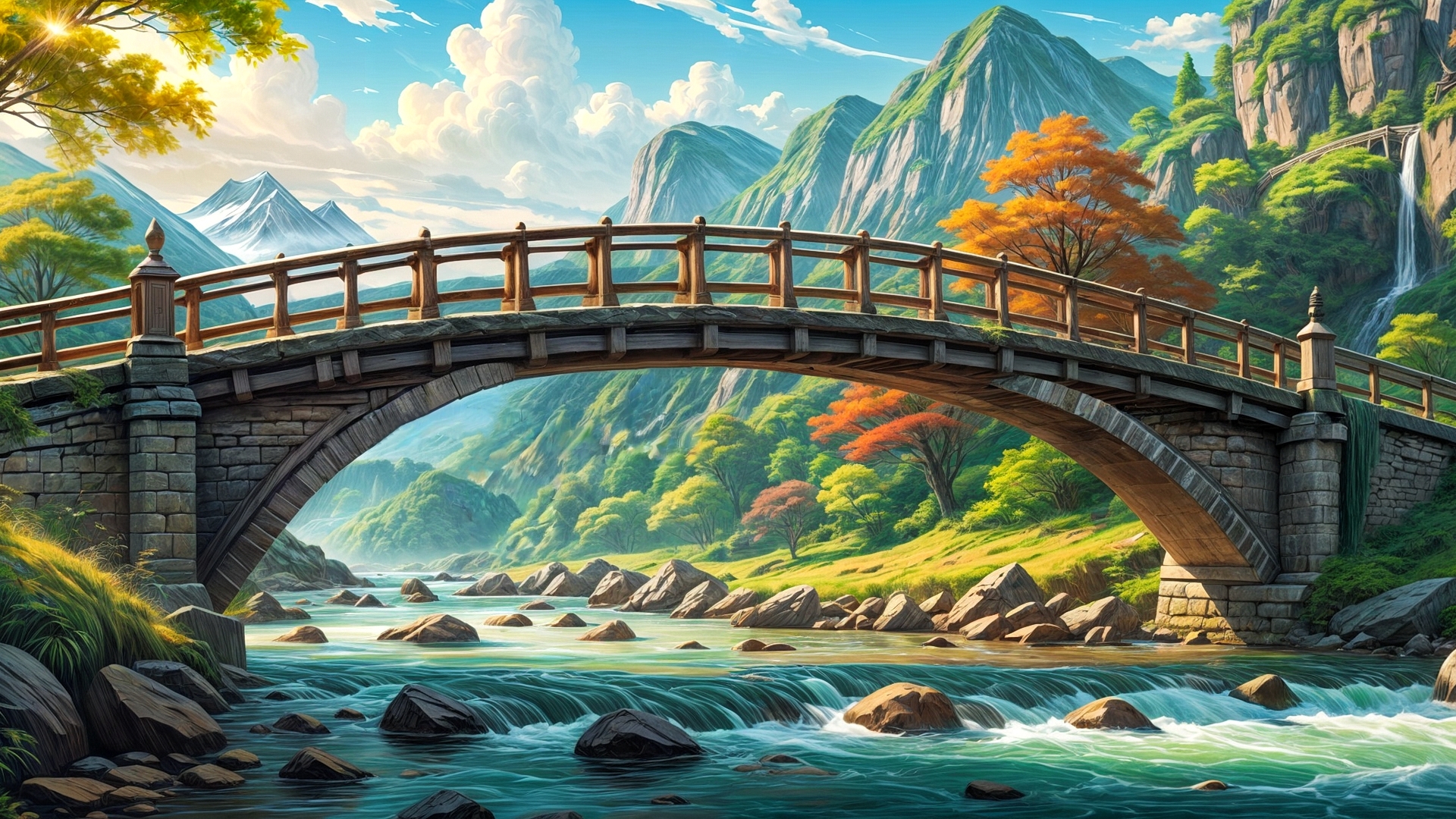 Бесплатное фото Каменный старый мост через горную реку на фоне гор