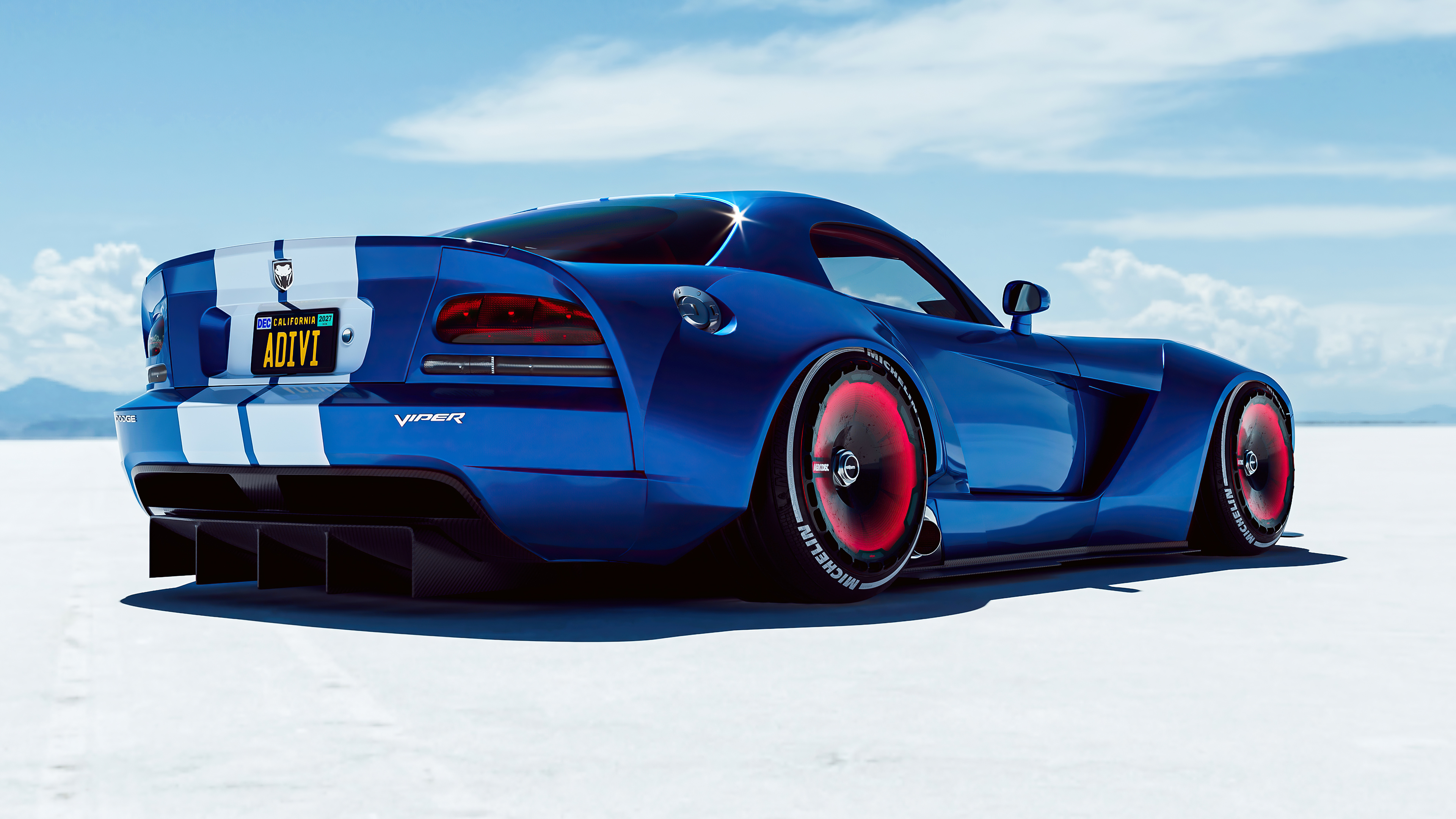 Free photo Blue Dodge Viper supercar with white stripes on the trunk