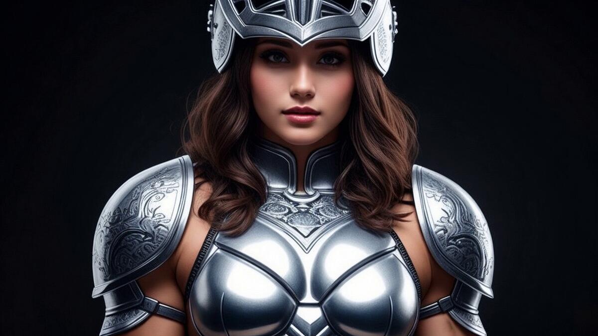 Girl warrior in silver armor on black background