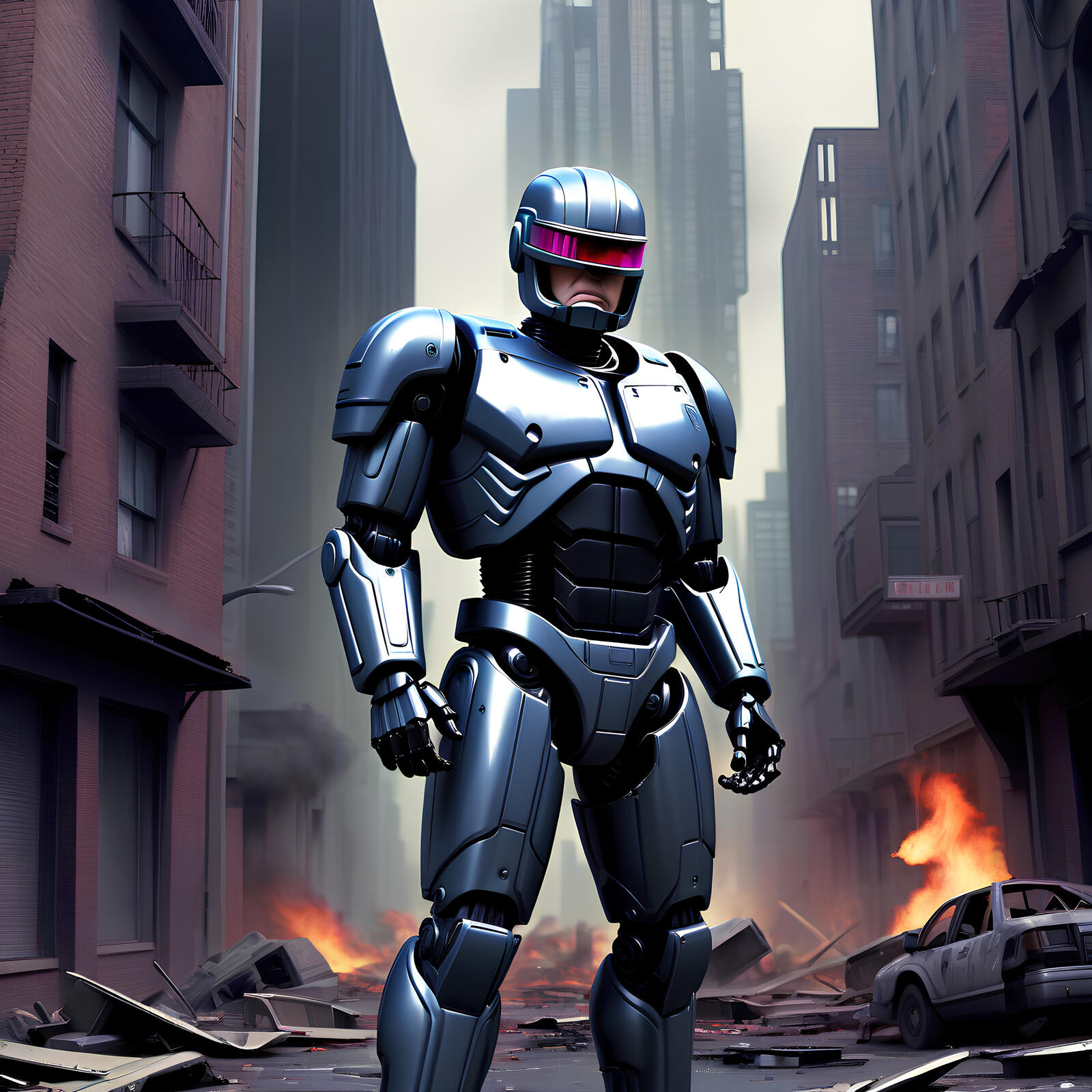 Free photo Robocop and the burning car