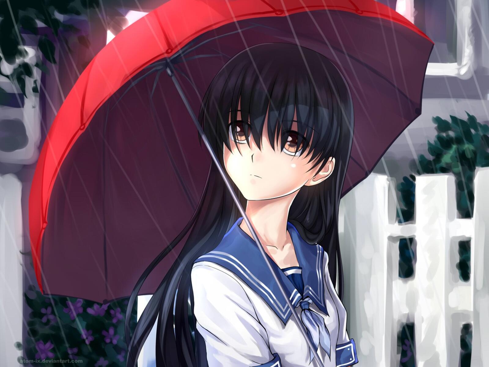 Бесплатное фото Аниме девочка под красным зонтом