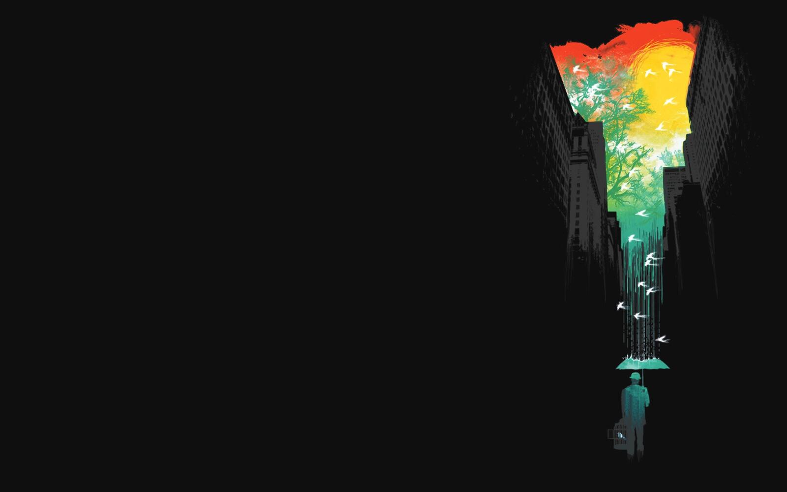 免费照片撑伞男子走在色彩缤纷的街道上的剪影效果图