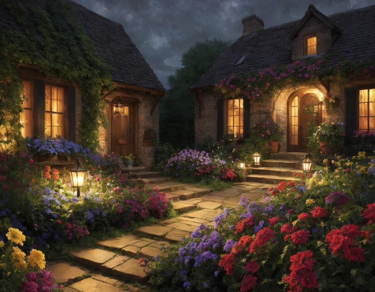 The houses in the garden in the evening