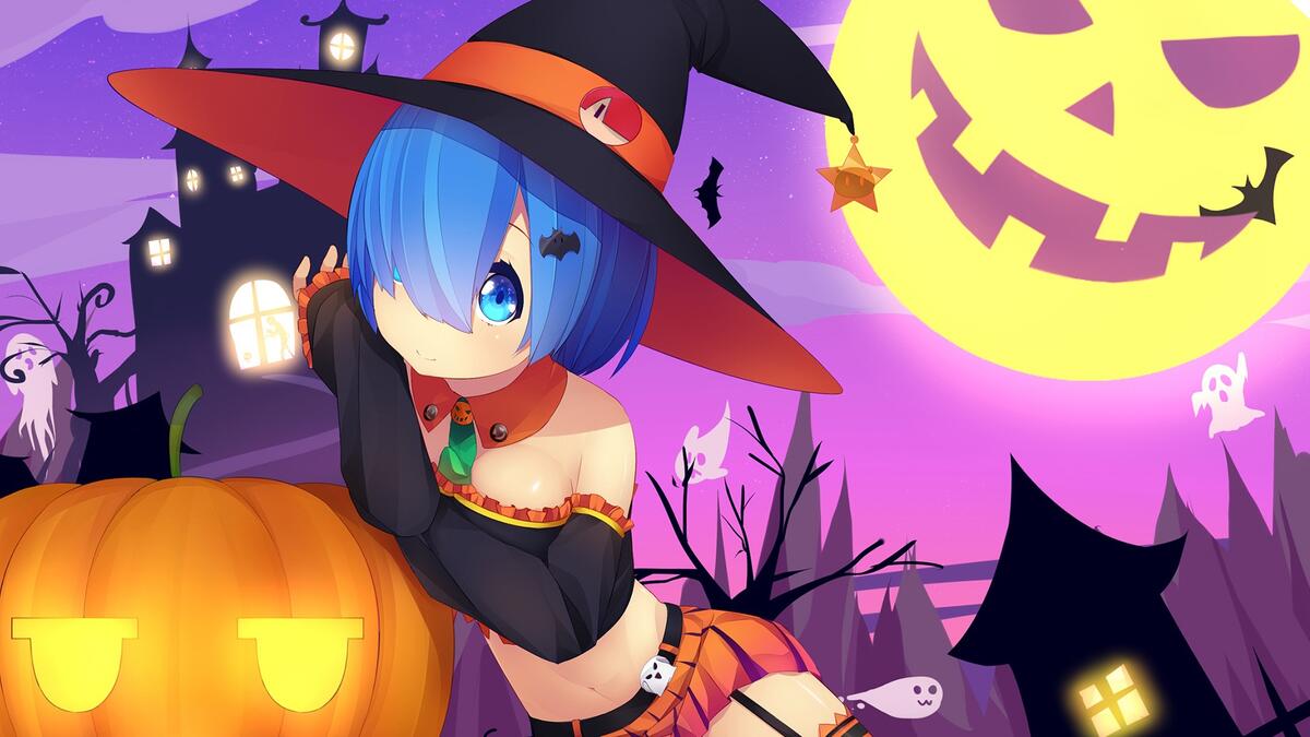 Anime girl in Halloween hat with pumpkins