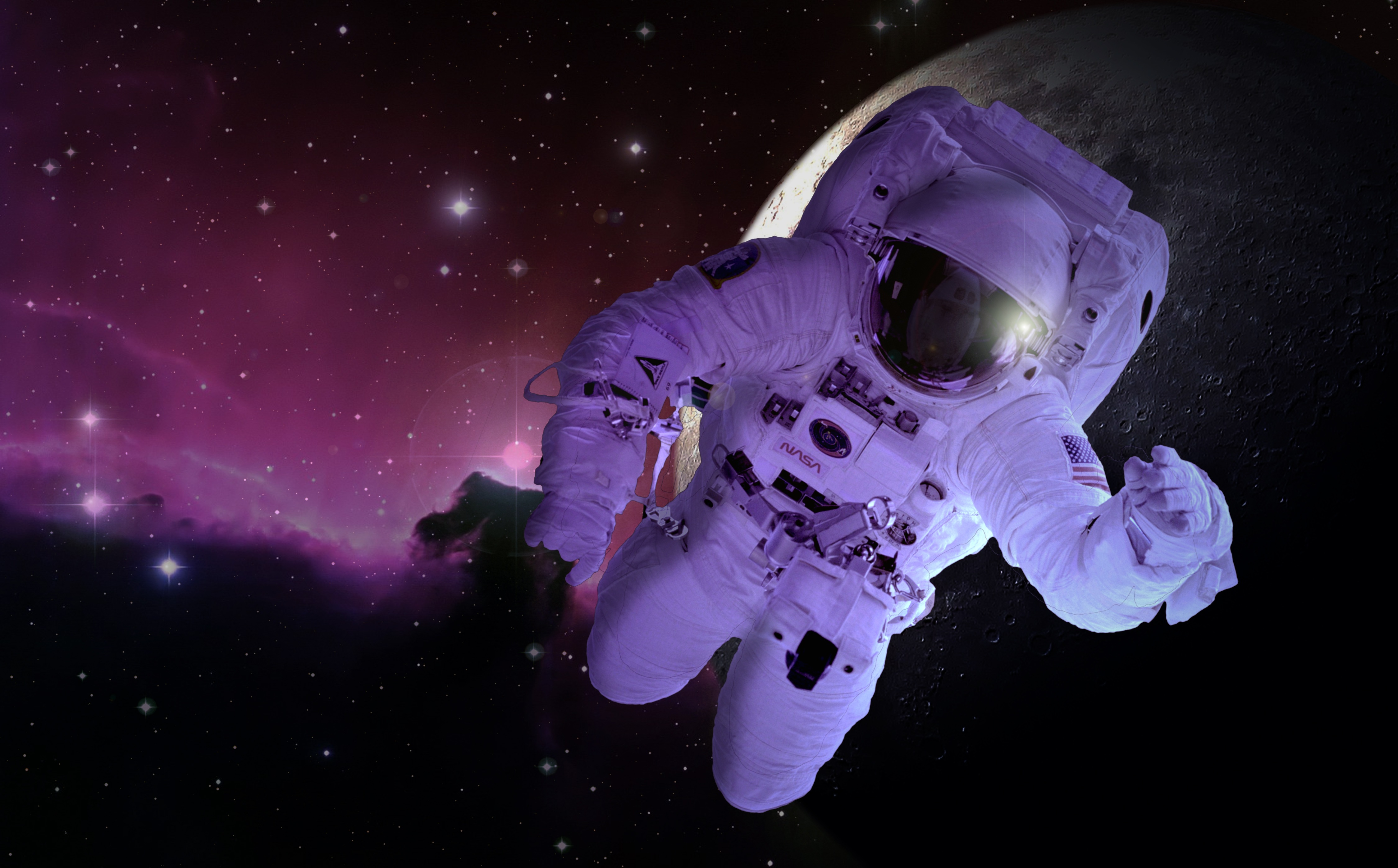 Free photo A picture of an astronaut against a pink space nebula.
