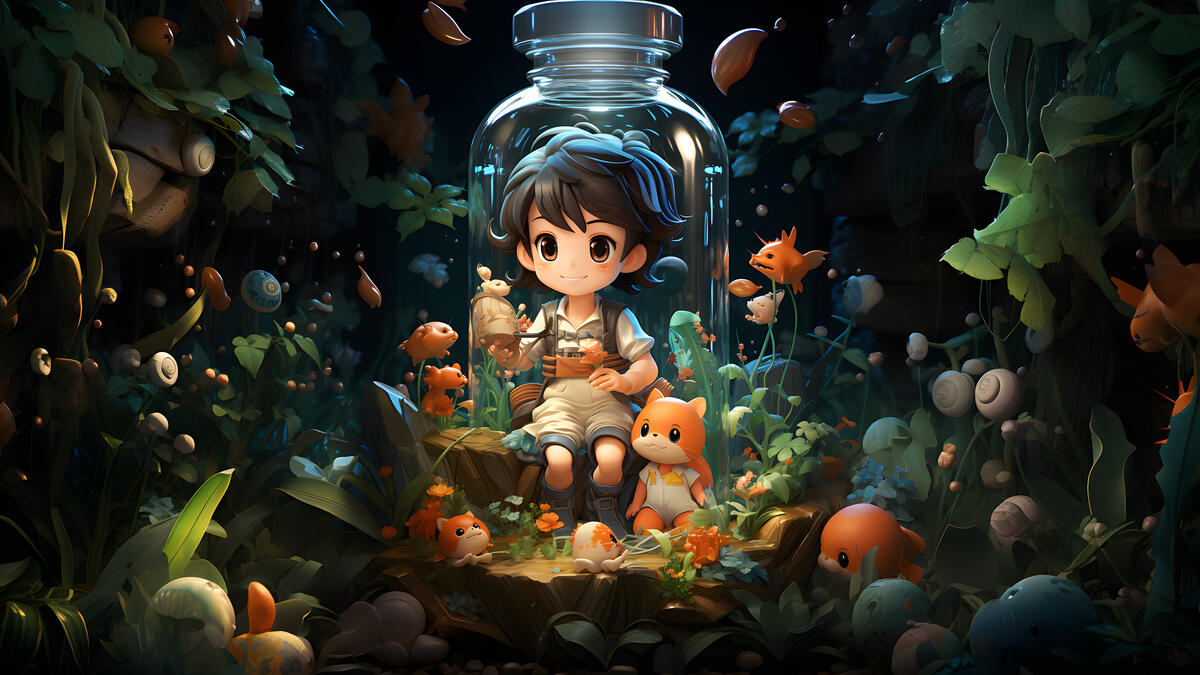 Rendering picture of a boy in a jar underwater watching the fish