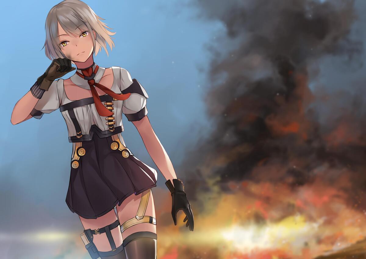 Аниме персонаж на фоне взрыва