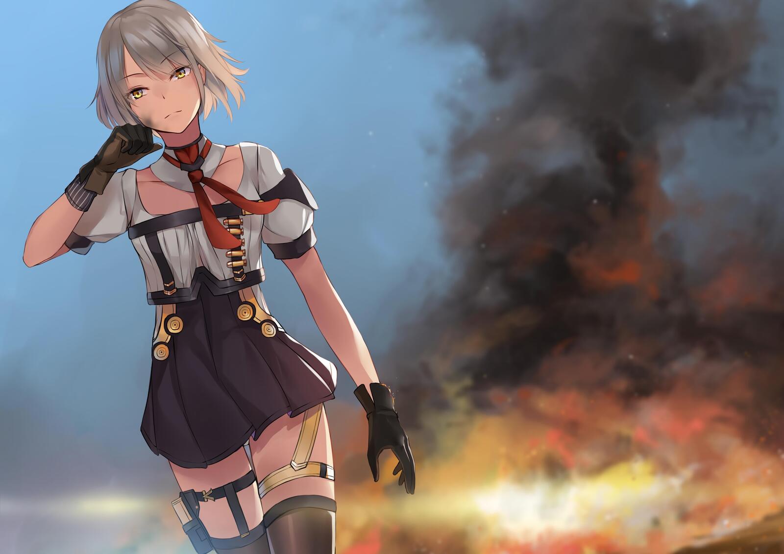 Бесплатное фото Аниме персонаж на фоне взрыва